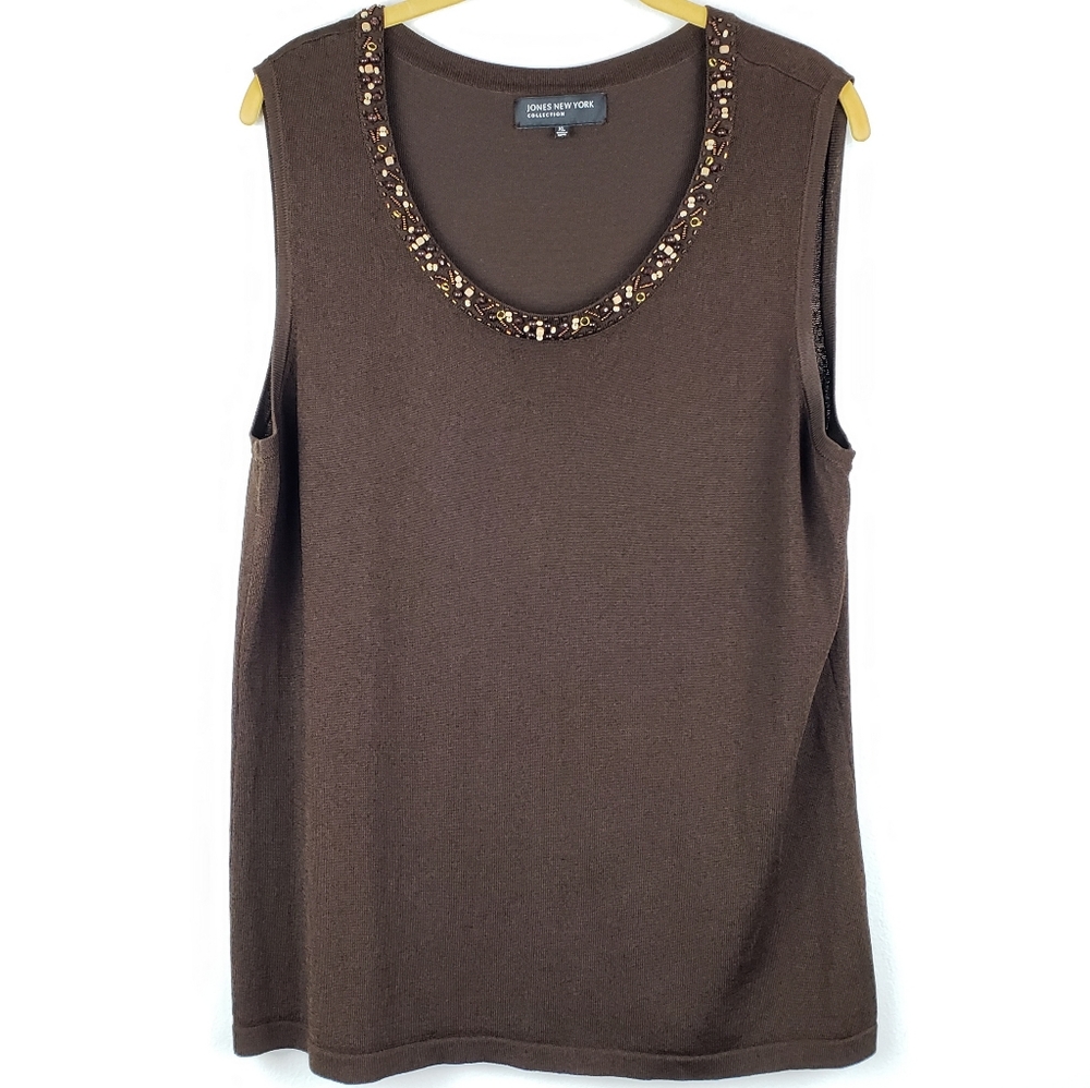 Jones New York Brown Beaded Neckline Shell Tank Top